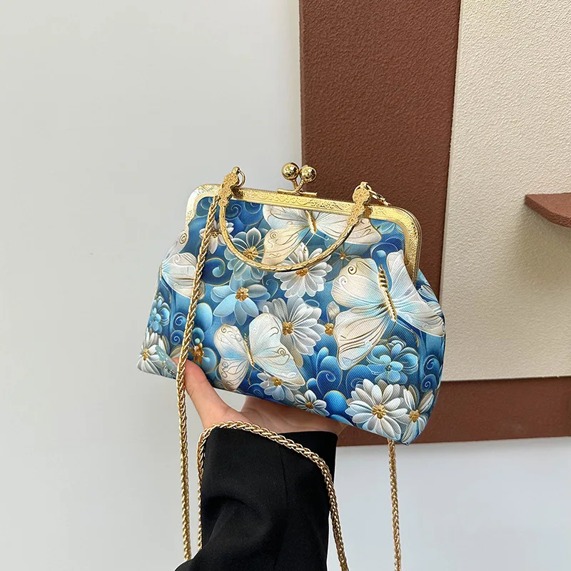

New Chinese Style Ladies Shell Evening Bags Fashion Colorful Butterfly Print Metal Handbags For Women Party Chain Shoulder Bags