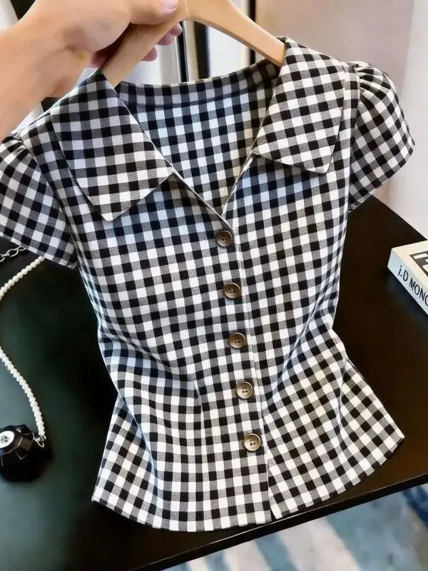 Fashionable Plaid Shirt Short Sleeve Turn-down Collar Slimming Top Korean Style Commute Fashion Summer New Arrival Women's Cl...