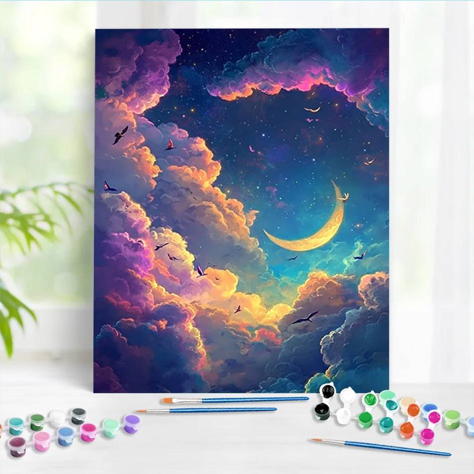 RUOPOTY Painting On Numbers Cloud Moon Handmade Gift Acrylic Paint Paintings For Beginner on Canvas Wall Decoration Painting