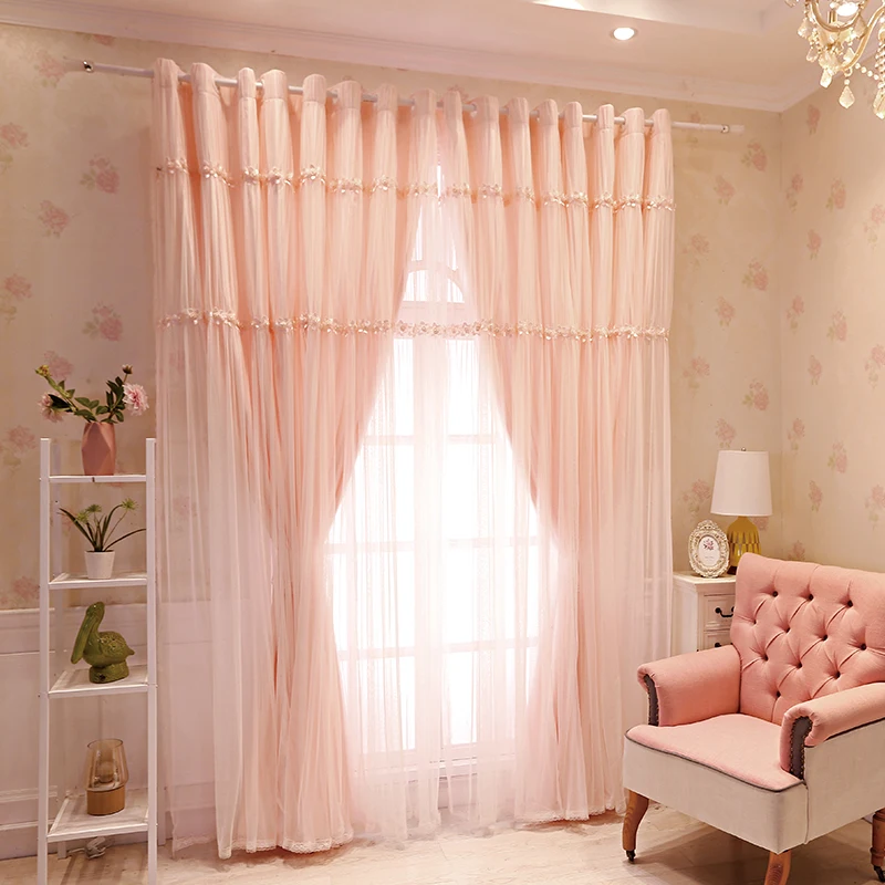 Korean Style Pink Lace Double-layer Curtain Princess Style Dreamy Bedroom Wedding Room Decoration