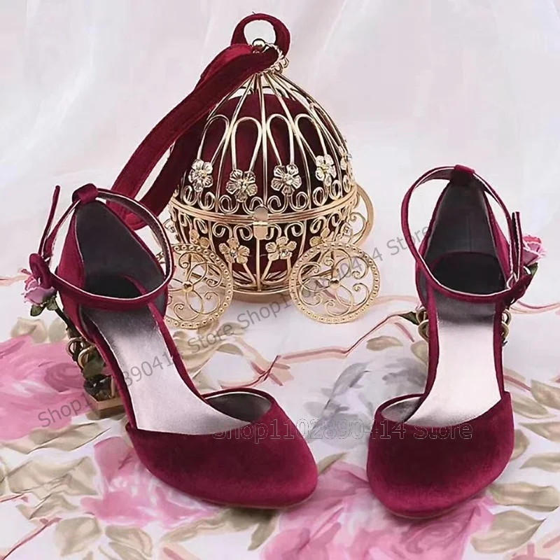 Burgandy Corduroy Metal Birdcage Heel Pumps Ankle Buckle Strap Women Shoes Strange Style Heels Fashion 2024 Zapatos Para Mujere