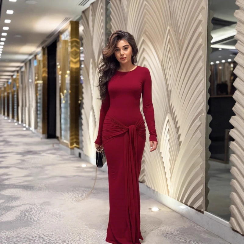 

2026 Spring New Soft Sticky Skin friendly Wine Red Round Neck Long Belt Dress for Women
