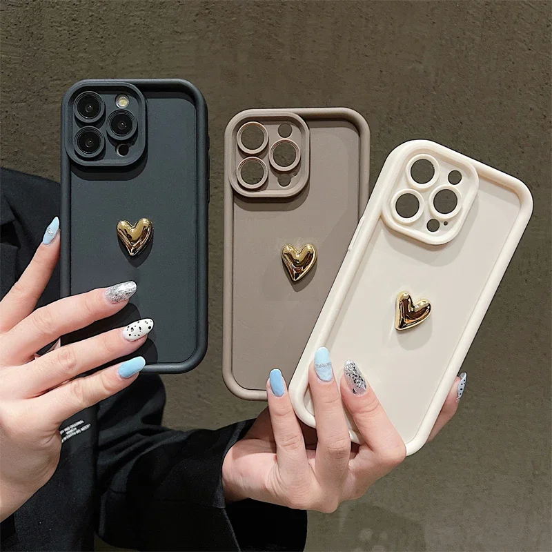 3D Gold Heart Silicone Soft Phone Case For iPhone 16 15 14 13 12 11 Pro Max XS XR 7 8 Plus SE 2020 Shockproof Candy Matte Cover