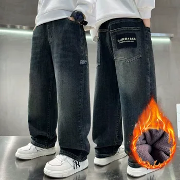 Boys Plush Warm Jeans 2 Spring Autumn Winter 4-14 Years Boys Plush Warm Jeans Fashion Letter Loose Straight Denim Pants Kids Casual Streetwear Trousers 2