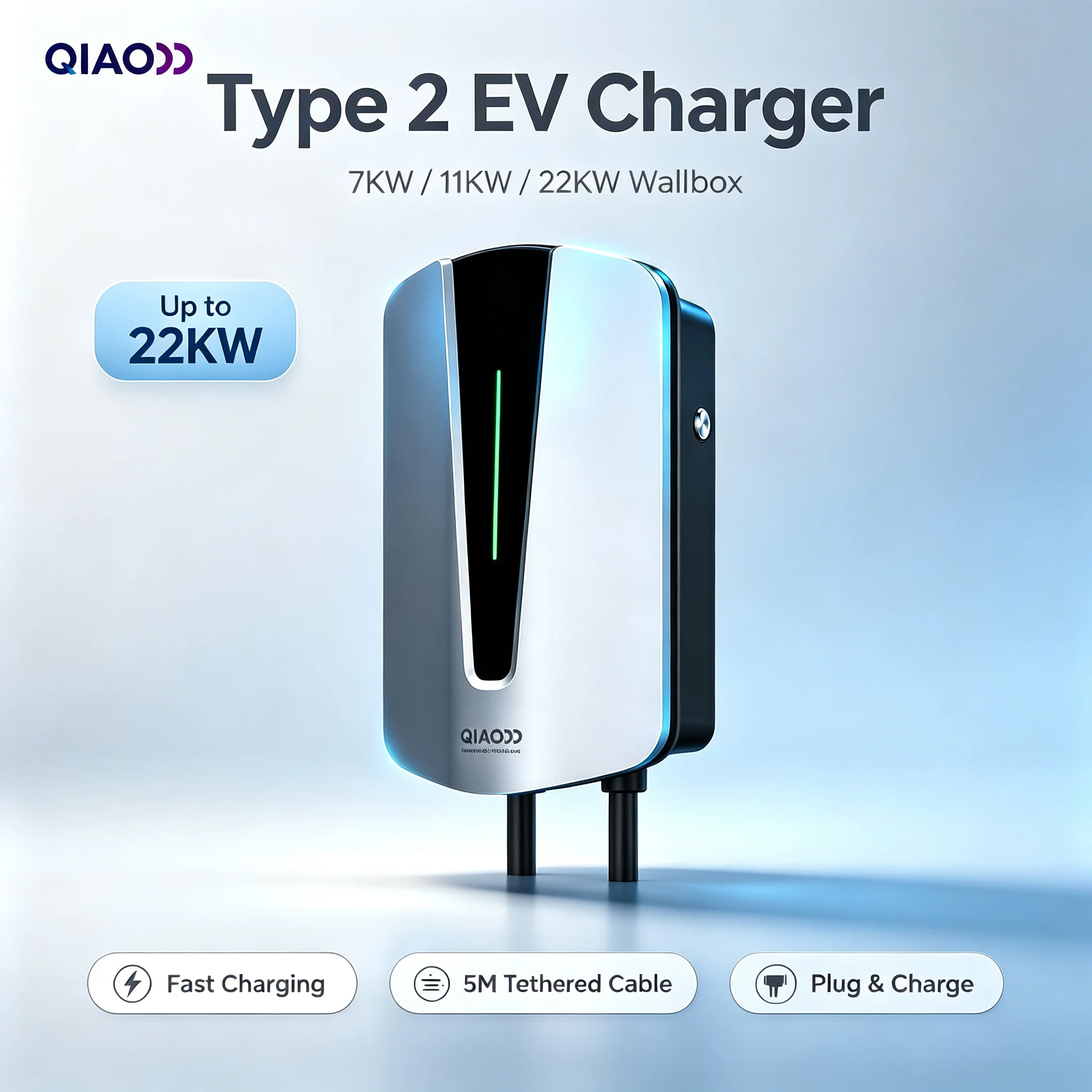 QIAO EV Charger Type 2 7KW/11KW/22KW 5M Plug and Charge Type 2 Electric Car Vehicle Charger Station Wallbox Charging Station