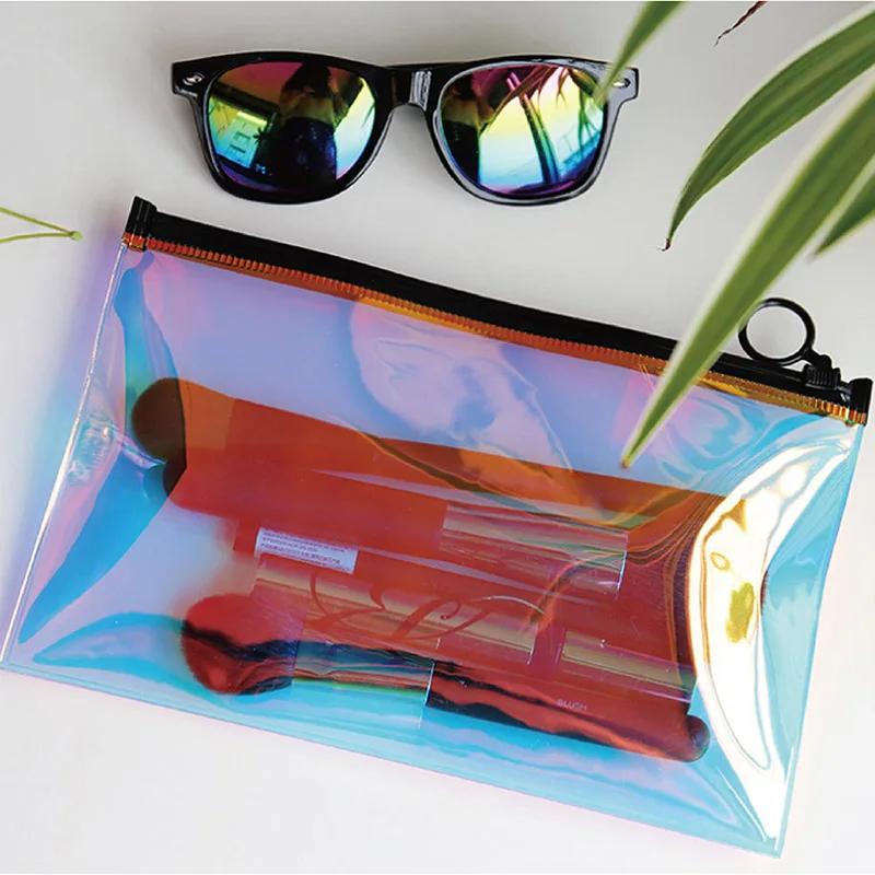 10pcs Thicken Laser Transparent Zipper Bags With Pull Ring Travel Makeup Brush Storage Organizer Packaging Pouch Reusable