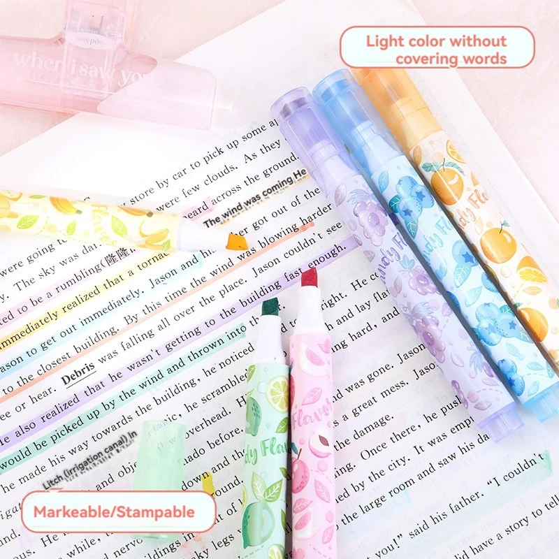 6Colors Fun Stamp Seal Highlighter Set Fragrance Chisel Tip Marker Pen Macaron Pastel Assorted Colors for Cute Kawaii Stationery