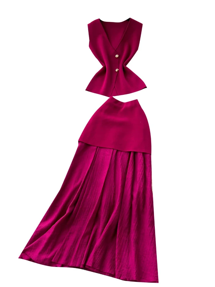 Sommer Frauen Ärmelloses Strick Top Hohe Taille Spleißen Hüfte Umarmt Rock Set Temperament High-end-Zwei-stück Set