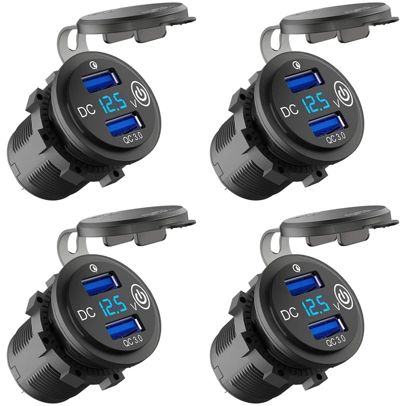 4X 12V USB Outlet, Quick Charge 3.0 Dual USB Car Charger With Contact Switch And Voltmeter For 12V/24V Motorcycle