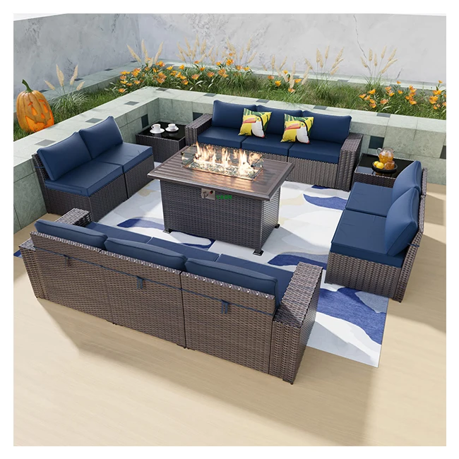 Custom HYTZ159 13 Pieces Backyard Furniture Set Patio Fire Pit Garden Outdoor Sofas Set Rattan Backyard Furniture With Firepit