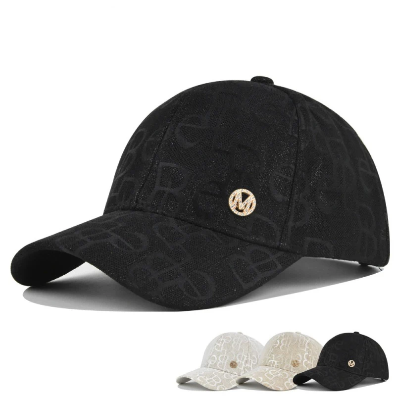 Luxury Jacquard Baseball Cap for Women, Rhinestone M Logo Curved Brim Adjustable Sun Hat, Fashion Monogram Print Casual Dad Hat