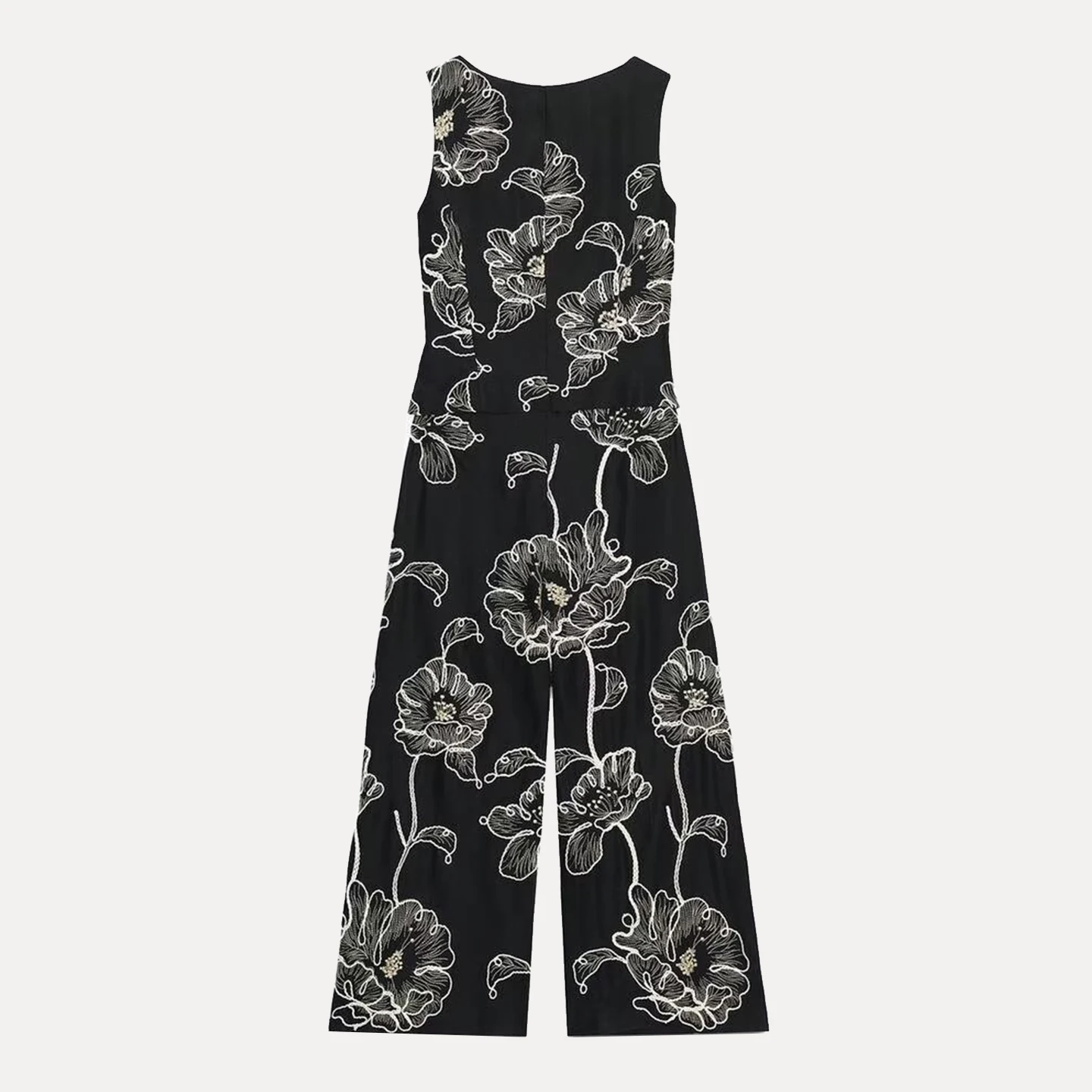 Z 2025 New Faionable Versatile Floral Embroidery One-Piece Suit High Waist Straight Leg Long Pants Polyester Fiber