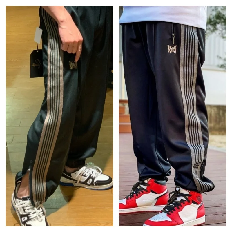 

Vintage Stripes Webbing Butterfly Embroidery Drawstring Pants Mens Womens Casual Joggers Leg Zips Mens Womens Sweatpants