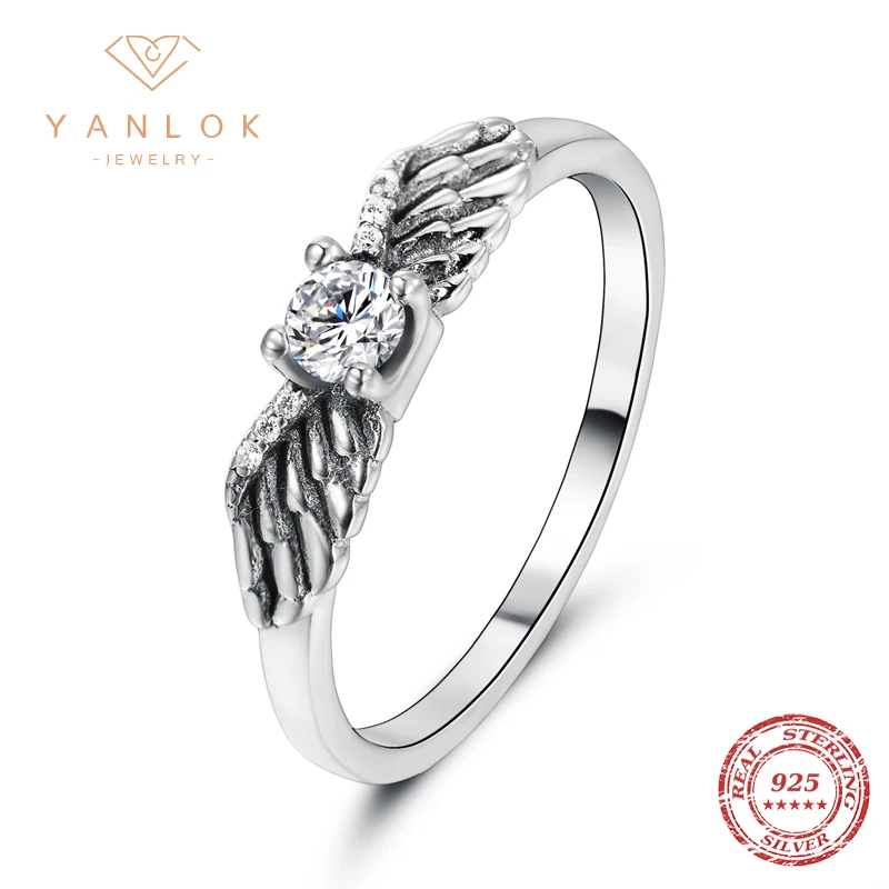 YANLOK Hot Sale Authentic 925 Sterling Silver Feather Angle Wings Dazzling Finger Ring for Women Sterling Silver Jewelry Gift