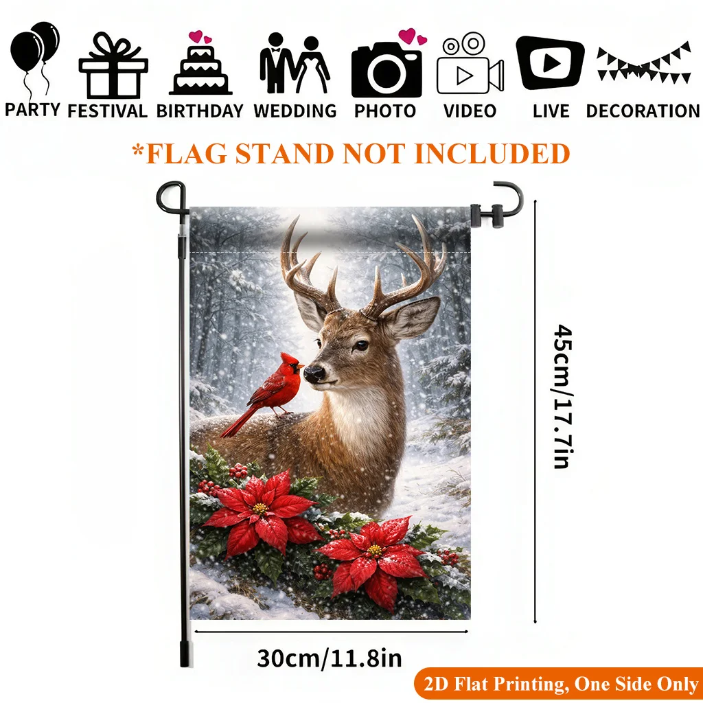 2D Flat, 2D Flat Printing Garden Flag 1pc, Snowy Deer And Bird Garden Flag - Single-Sided Printed Outdoor Decor for Home and Garden, Holiday Decoration, Durable Polyester, 11.8x17.7 Inches, No Pole Included
