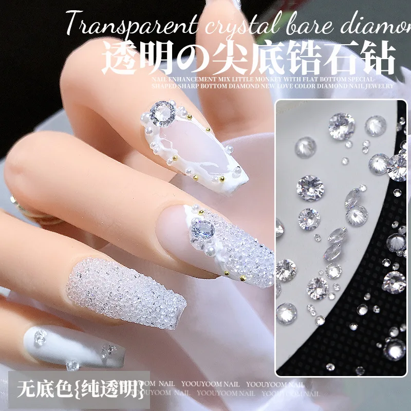 100PCS Sparkle Tiny Round Sharp Zircon 0.9-4mm Clear Transparent Nake Diamond Nail Art Rhinestones Decorations Manicure Charms