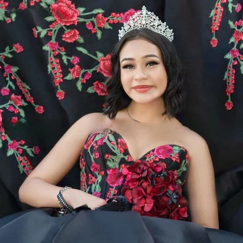 In Fashion-vestido de baile de quinceañera, traje largo de satén con apliques de flores, sin mangas, color negro, talla grande, 2024