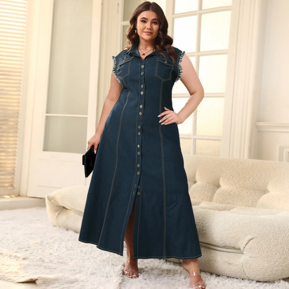 XL-5XL Plus Size African Dresses For Women Dashiki Ladies Traditional Africa Clothing Fairy Office Lady Denim Dress 2024 Summer