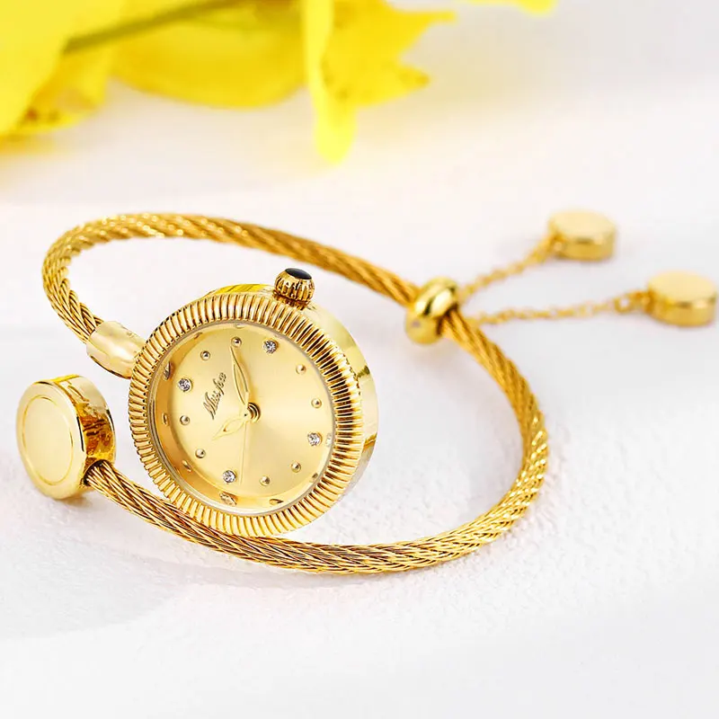 Watches for Women Exquisite Small Dial Pendant with Wrapped Bracelet Design Gold Waterproof Quartz Wristwatch Relogios Femino