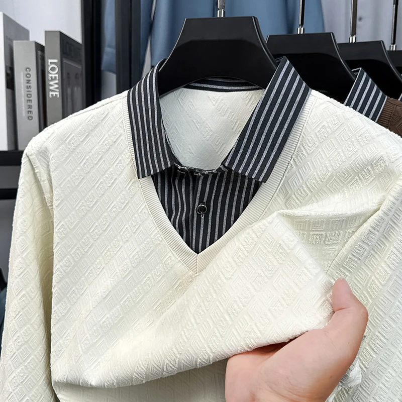 

Мужская осенняя толстовка с длинными рукавами в новом стиле, рубашка с воротником, ложная модная футболка из двух частей, дизайнерская повседневная базовая одежда, мужская одежда