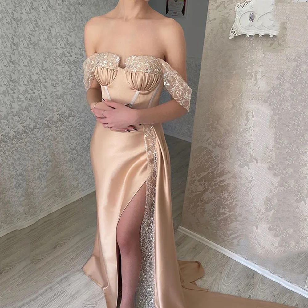 

Customized Formal Pleats Sweetheart Sequined Off The Shoulder Straight Women Evening Dresses Lace Floor-Length Court Train Prom