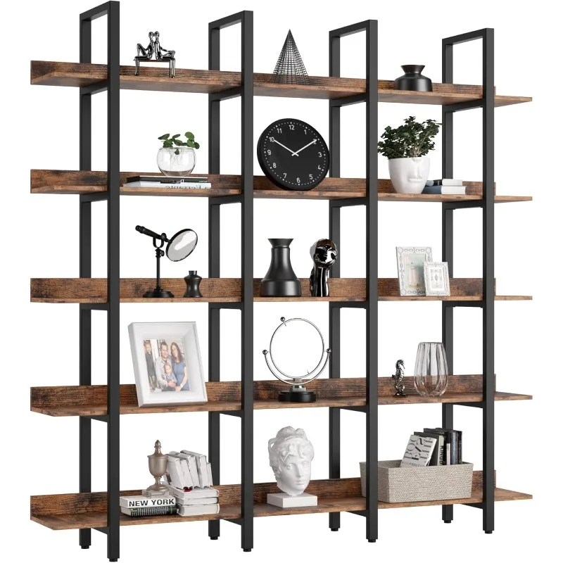 Bookcase and Bookshelves Triple Wide 5 Tiers Large Open Shelves, Etagere Bookcases with Back Fence for Home Office Decor