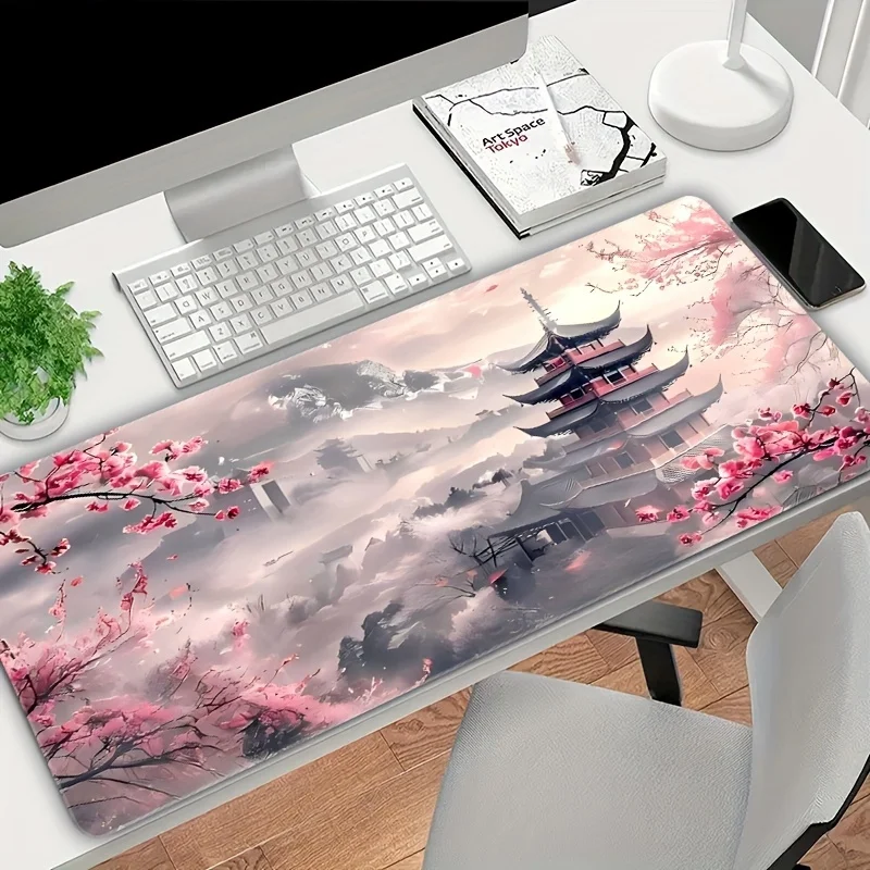 Pink Plum Blossom Landscape Theme Large Size No-slip Rubber Material Mousepad Suitable for Desk Decoration Daily Office Supplies