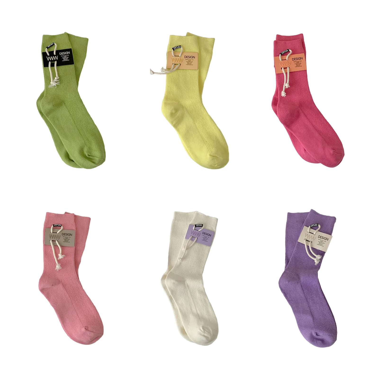 

Personalized leather label drawstring mid-calf socks 6-color combination pack (green/yellow/dark pink/light pink/white/purple)