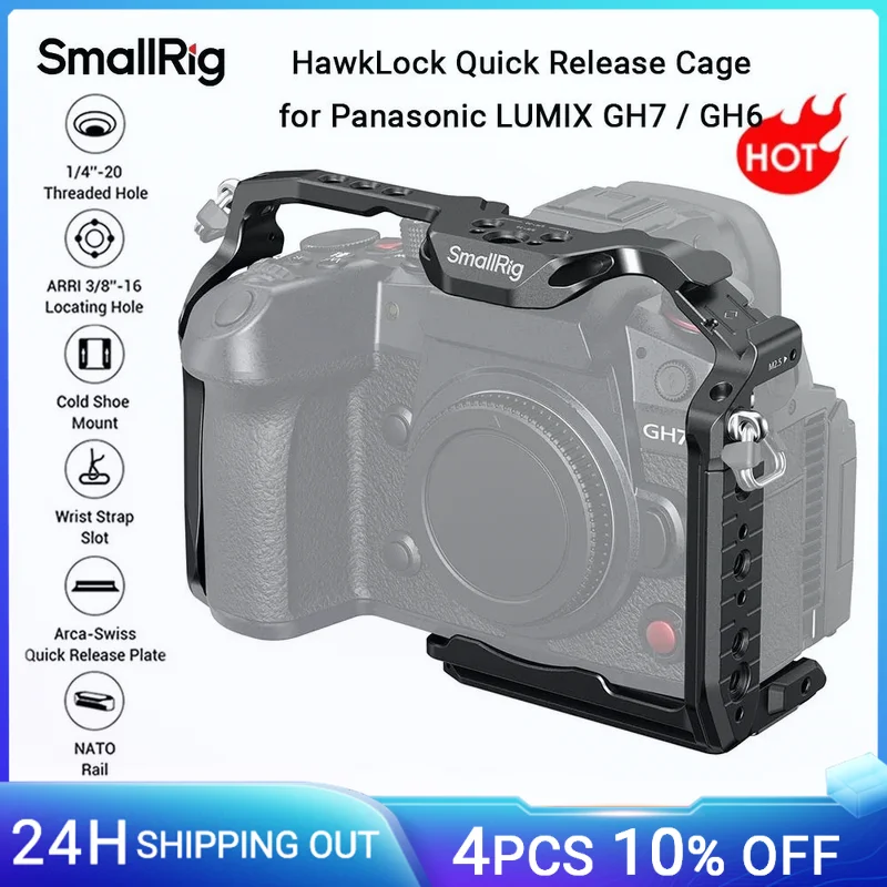 SmallRig GH6 HawkLock Quick Release Cage for Panasonic LUMIX GH7/GH6 w Arca-Swiss Quick Release Plate for DJI RS3/RS4 Stabilizer