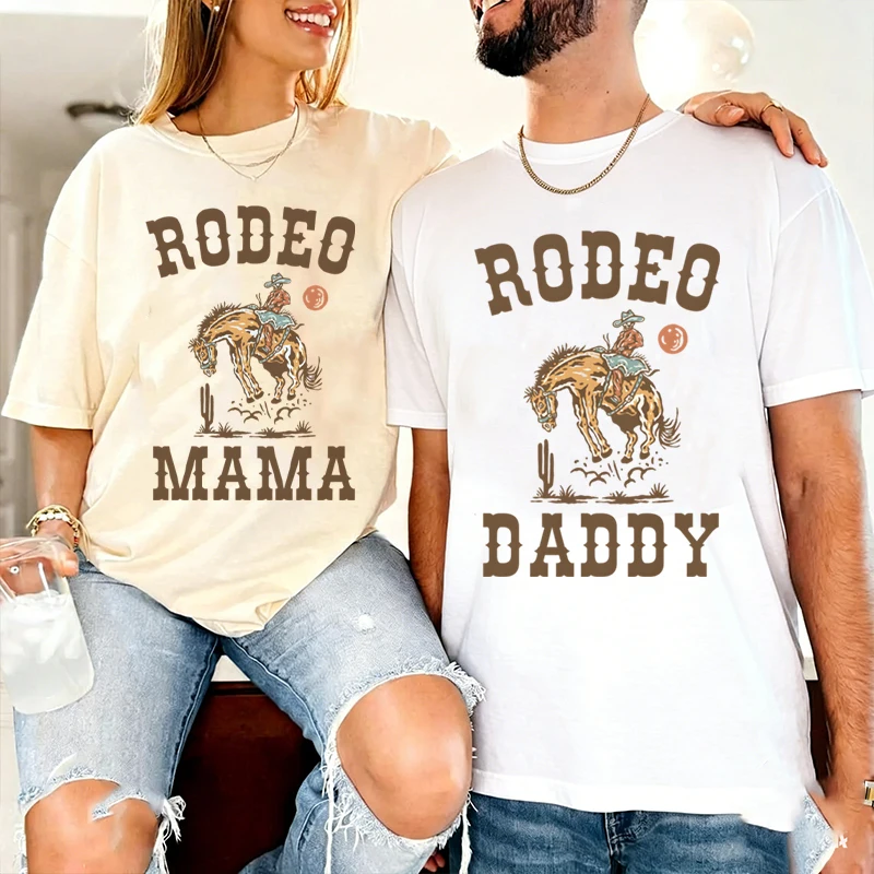 

Rodeo Daddy Mama Matching Couple T-Shirts Casual Crewneck Vintage Husband Wife Lovers Tees for Anniversary Gift