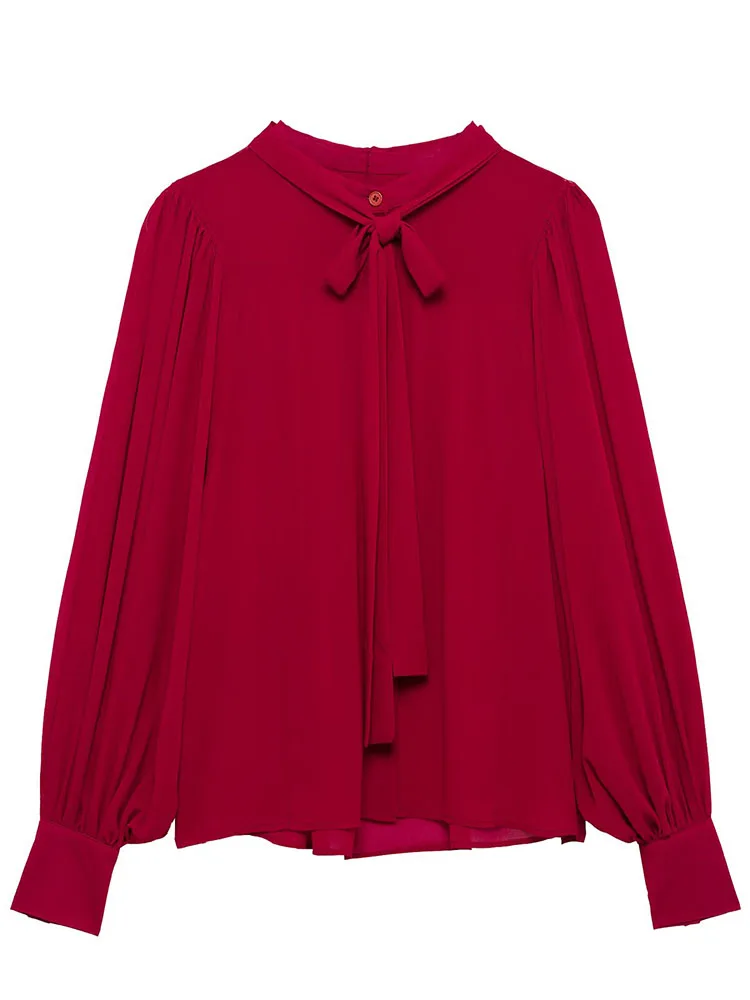 

European style new women's red fashion simple French style chiffon bow-decorated temperament long-sleeved shirt