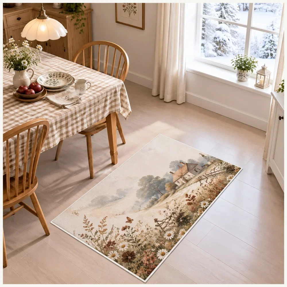 VIKAMA Country Morning Mist Door Mat, Non Slip Washable Flannel Rug, Pastoral Floor Mat for Living Room, Boot Room, Conservatory