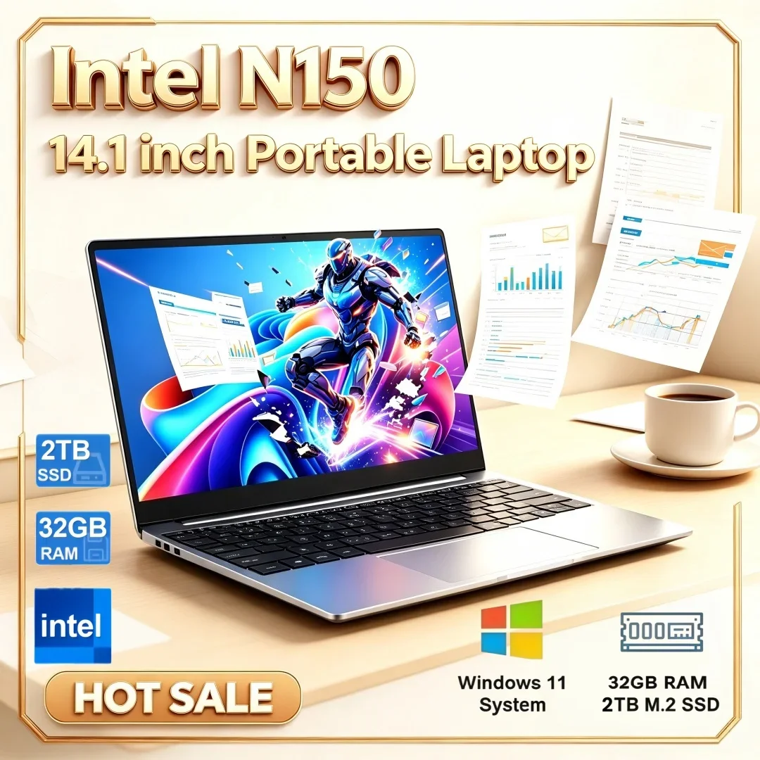 14.1 Inch Laptop Intel N150 2026 Windows11 1/2TB Large SSD Ultra-thin Portable 16GB/32GB RAM