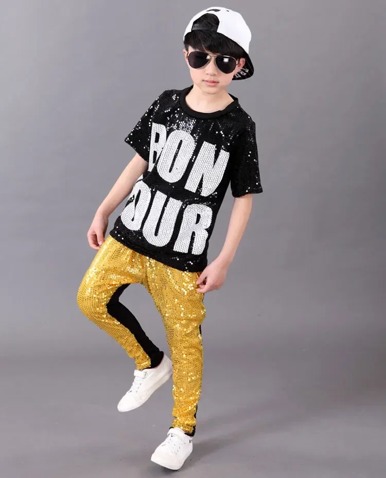 Girls Boys Sequins Modern Jazz Dance for Girl Outfits Tops Pants Ballroom Hip Hop Dancing Suit kids Stage wear Costumes Clothing
