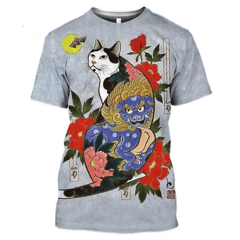 2024 Retro T-shirt Men Women Samurai Cat Tattoo Shirt For Men 3d Print Cool Classic Art Shirt For Summer Round Collar Tops Tees