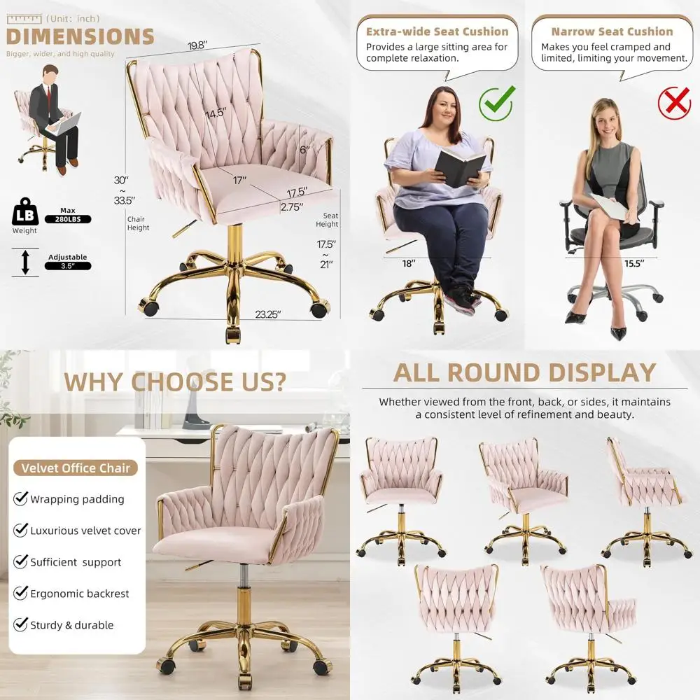 Gold Velvet Swivel Chair with Handwoven Back, Height-Adjustable for Home Office, Makeup, Living Room, Light Pink