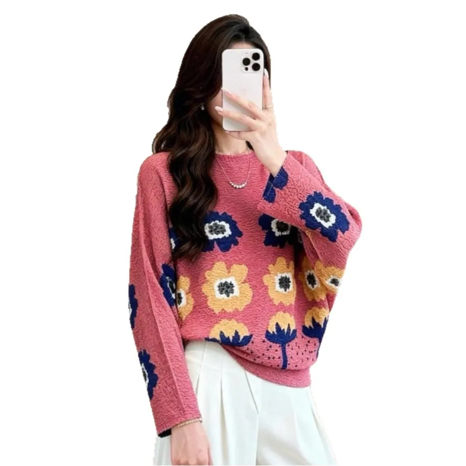 เสื้อยืดแขนค้างคาวพิมพ์ลายดอกไม้สไตล์มิยาเกะสำหรับผู้หญิง ทรงหลวม ใส่ได้หลายโอกาส คอกลม เรียบง่าย สบายๆ จับจีบ