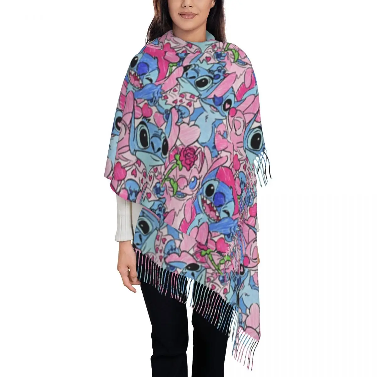 

Custom Lady Large Caroon Lilo Stitch Scarves Women Winter Fall Thick Warm Tassel Shawl Wrap Scarf