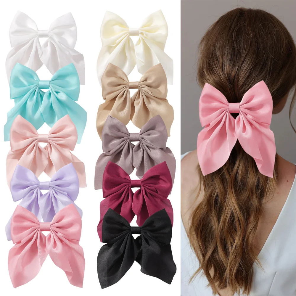 LOVEKIKI 4.9inch Elegant Hair Bows Hair Clip for Womens Fashion Ponytail Hairgripes Girls Solid Color Satin Butterfly Barrettes