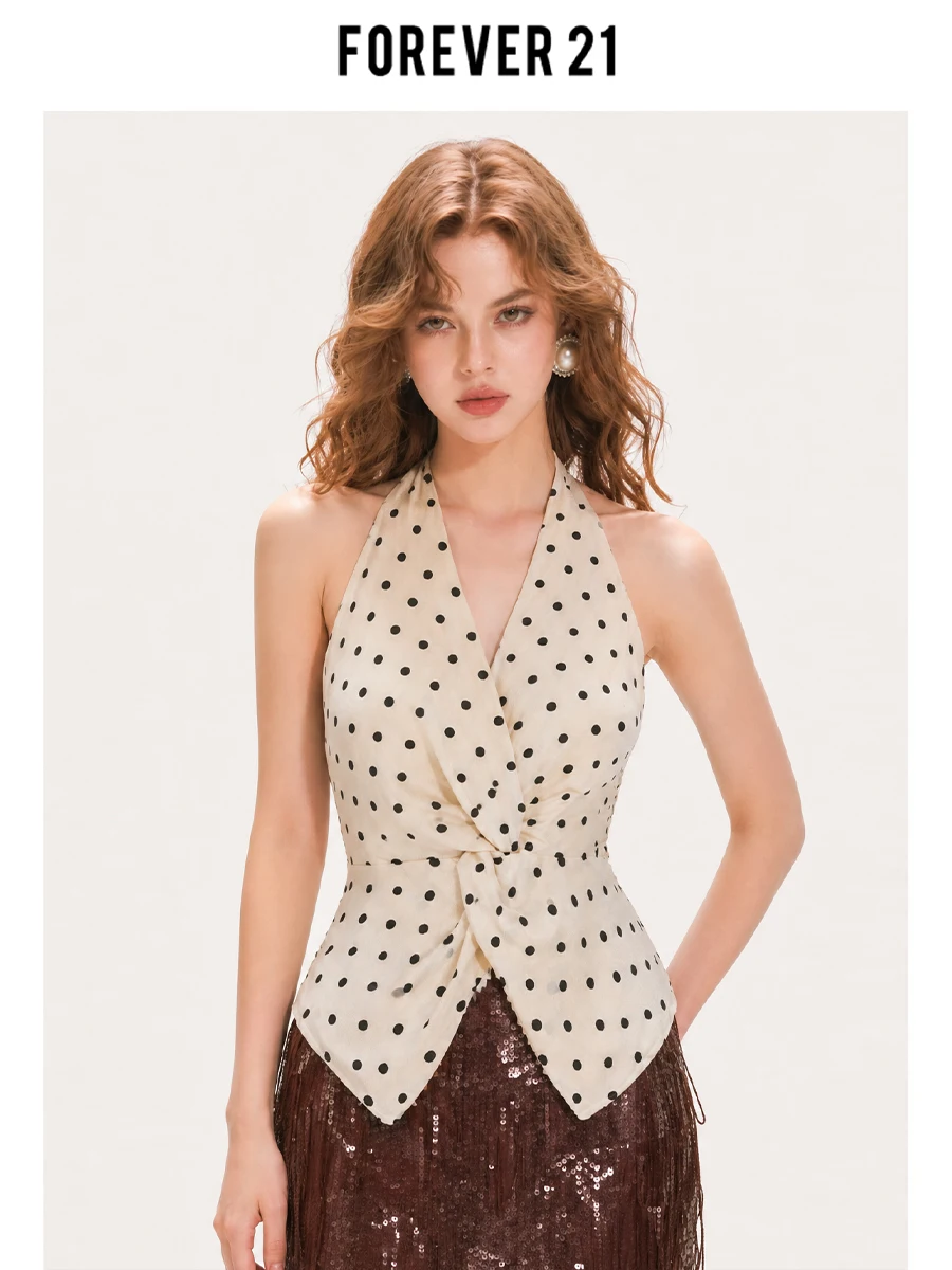 Chaleco Sexy con Cuello Halter y Escote en V de Puntos Melocotón de Forever 21, Ajuste Delgado, Estilo Dulce con Cintura Ajustada, Sin Mangas, Ropa de Mujer