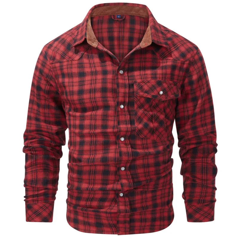 Spring and Autumn Men's Fashion Versatile Shirt American Retro Foreign Trade Pearl Buckle Western Style Long Sleeve Shirt