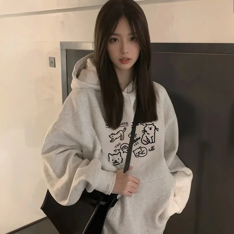 لطيف القط طباعة هوديس المرأة خريف شتاء 2025 موضة جديدة الشارع فضفاض عادية الكنغر الحقيبة البلوز Y2K ملابس Kawaii #1