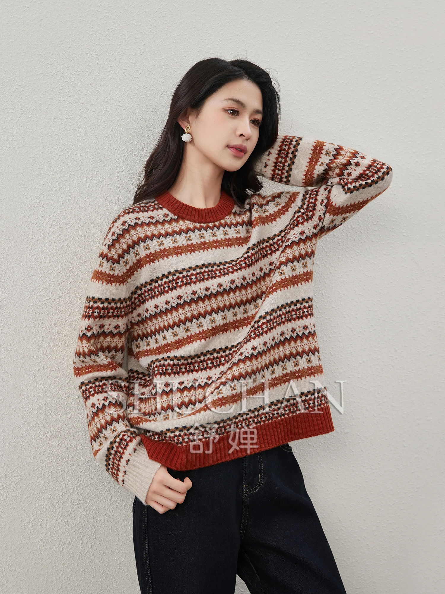 

Good Quality Vintage100% Wool Contrasting Color Jacquard Crew Neck Knitted Sweater Wowmen Pullover Sueter Mujer