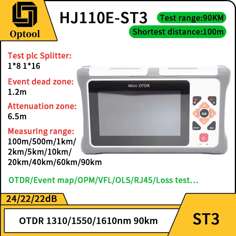 ST3 OTDR Active Fiber Live Test 1310/1550/1610nm 24/22/22dB Fiber Optic Reflectometer Touch Screen 90km Ethernet Test Splitter