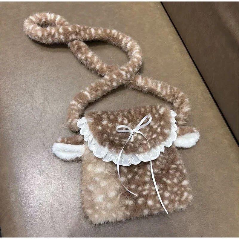 Japanische Hirsch gefleckte Band Plüsch Unterarm Umhängetasche, Mori Girl Elch flauschige Frauen Geldbörse, Winter süße Woodland Fairycore Handtasche – Detail 13