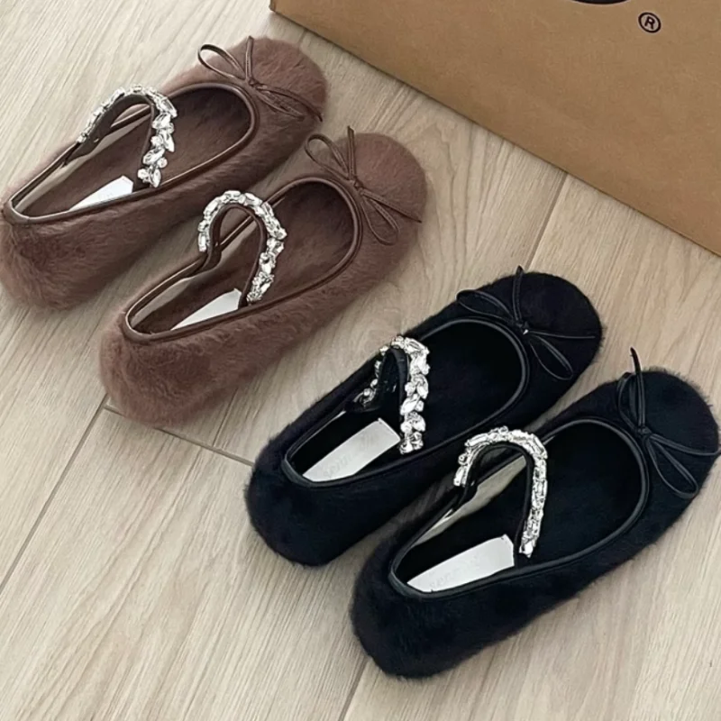 Bow Fur Mary Jane Crystal Flats Women Shoes Suede Winter New Shallow Luxury 2025 Cozy Ballet Dance Shoes Woman Warm Snow Boots