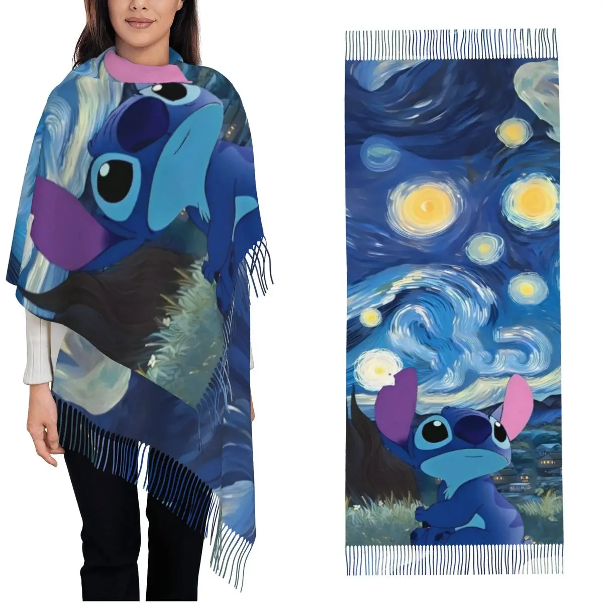 Cute Stitch The Starry Night Shawl Wrap for Women Winter Warm Long Soft Scarf Cartoon Neckerchief Tassel Scarves