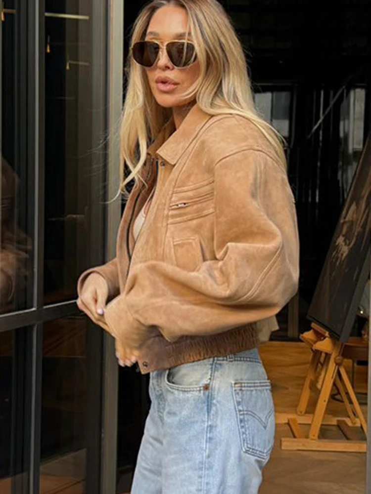 FSMG Vintage Solid Suede Lapel Jacket For Women Casual Long Sleeve Pocket Zipper Short Coat Lady High Street Motorcycle Outwears