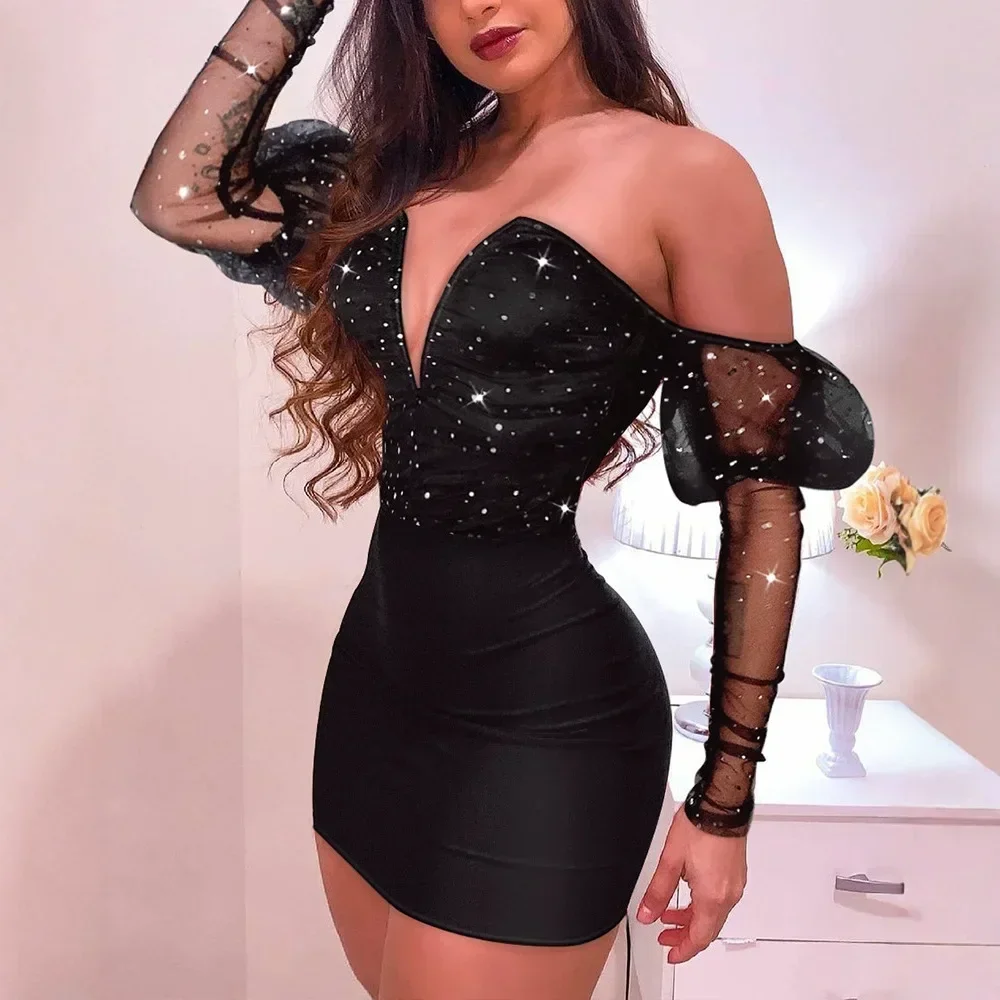 Damska sukienka bez ramiączek z siateczki z długim rękawem Mini sukienka Bodycon Sexy Fashion Party Dress — zdjęcie 3