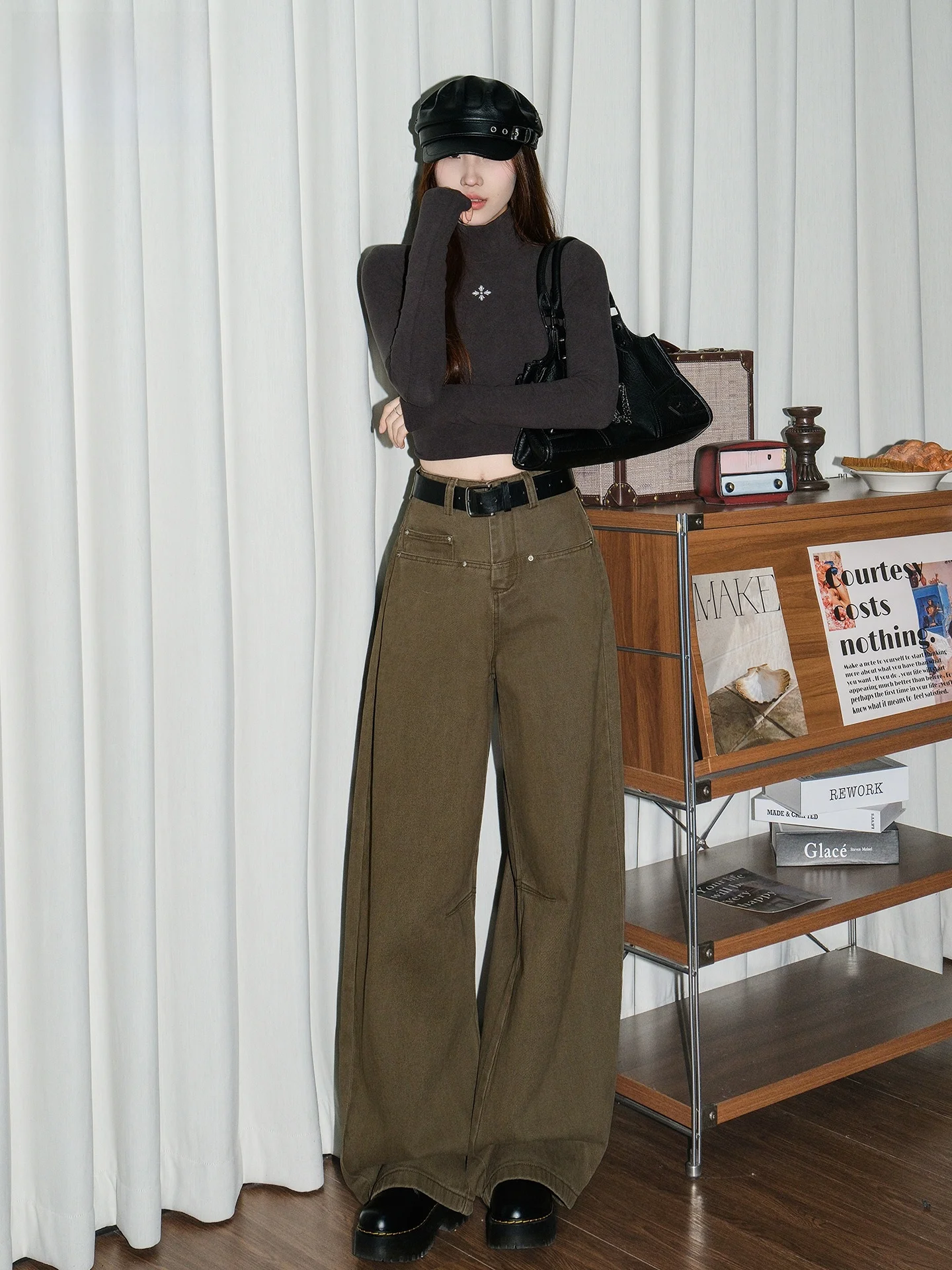 

Джинсы женские в американском стиле с высокой талией, широкими штанинами, свободные, струящиеся, стройнящие, длинные брюки, повседневные, весенние, из хлопкового денима, без бренда